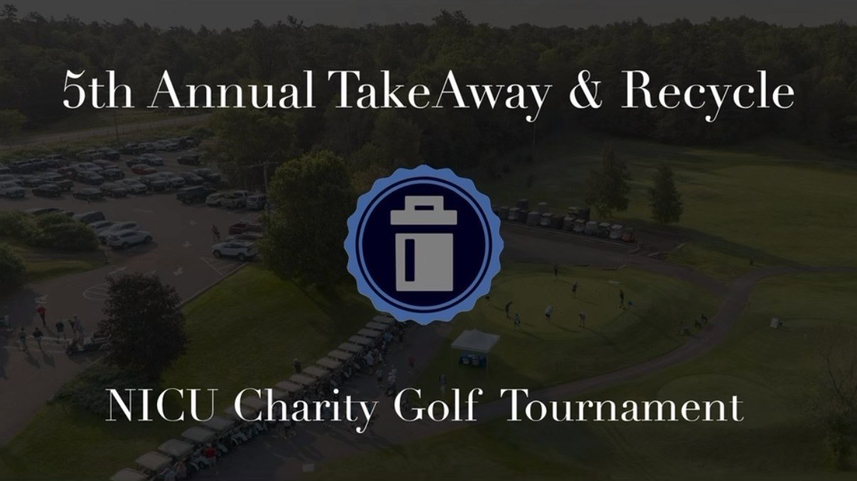 Aerial view of the 5th Annual TakeAway & Recycle Open at Rivendell Golf Course, golfers and carts lined up on tournament day