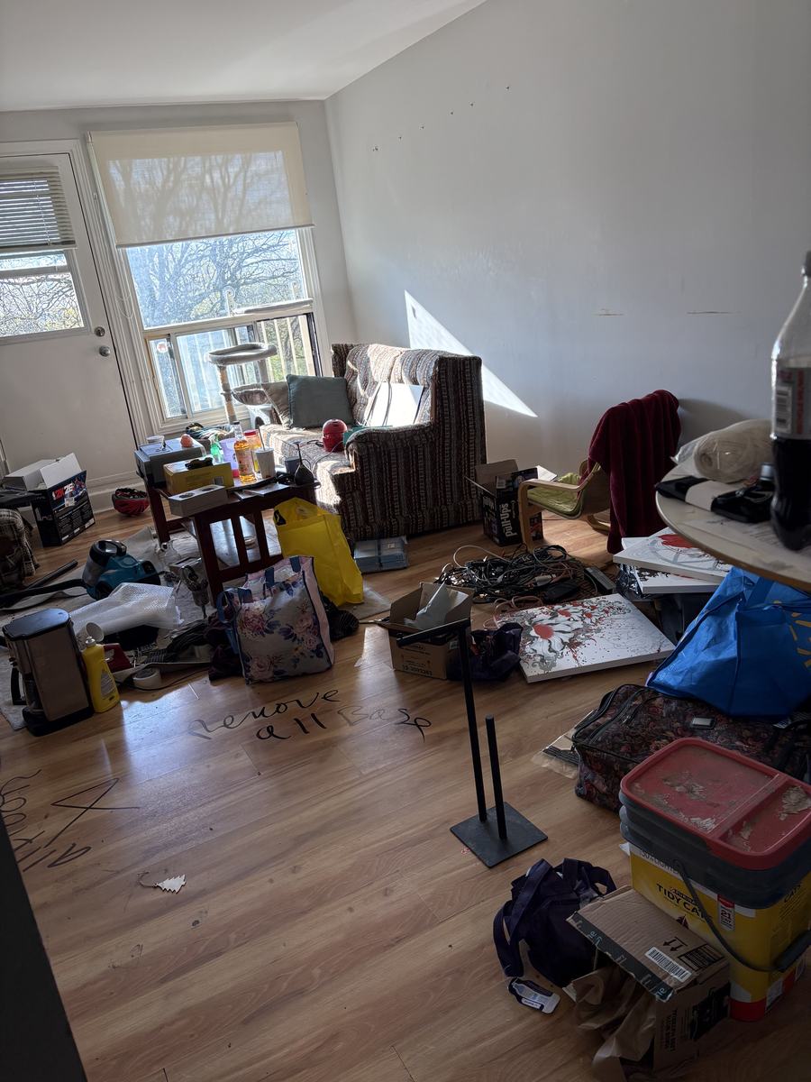 A living room covered floor to wall with bags, boxes and belongings at the start of a hoarding cleanout